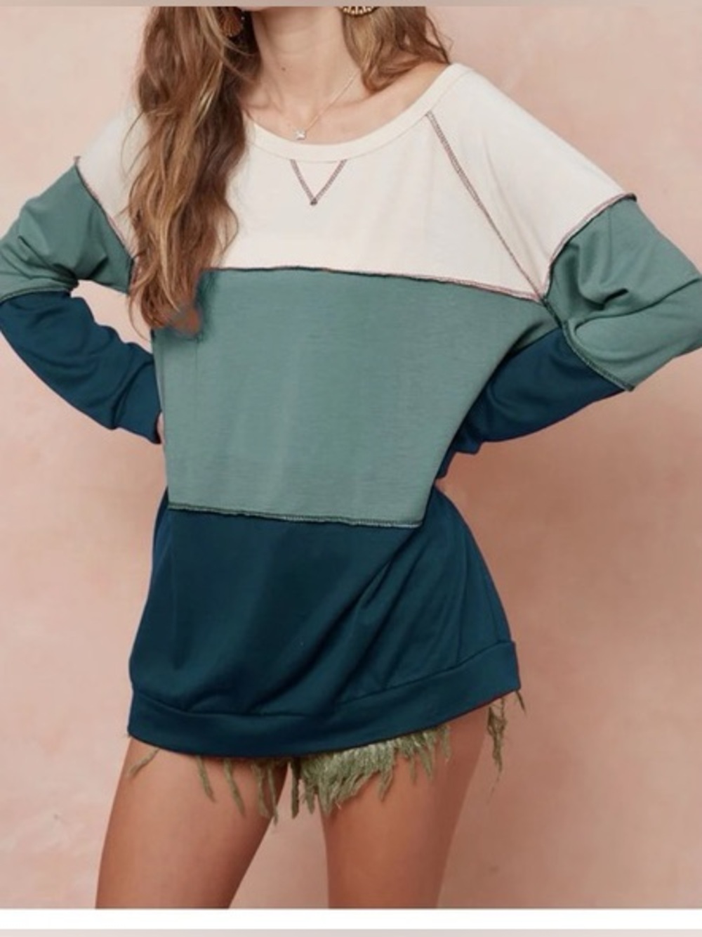 BiBi Oversized Colorblock Sweatshirt Crew Neck Boho Cozy Teal Blue S